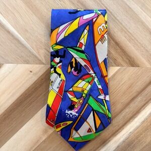 VTG Max Deco Mens Silk Tie Windsurfing Graphic Abstract Nautical Blue Multi Art